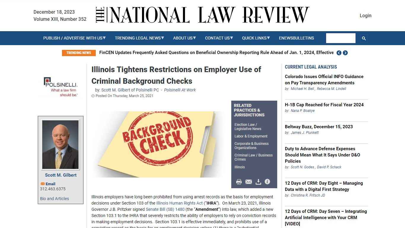 Illinois Tightening Restrictions on Criminal Background Check Use